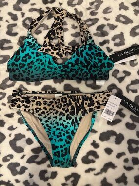 NWT LA BLANKA RARE Turquoise and Tan Leopard Print Two-Piece Bikini 8